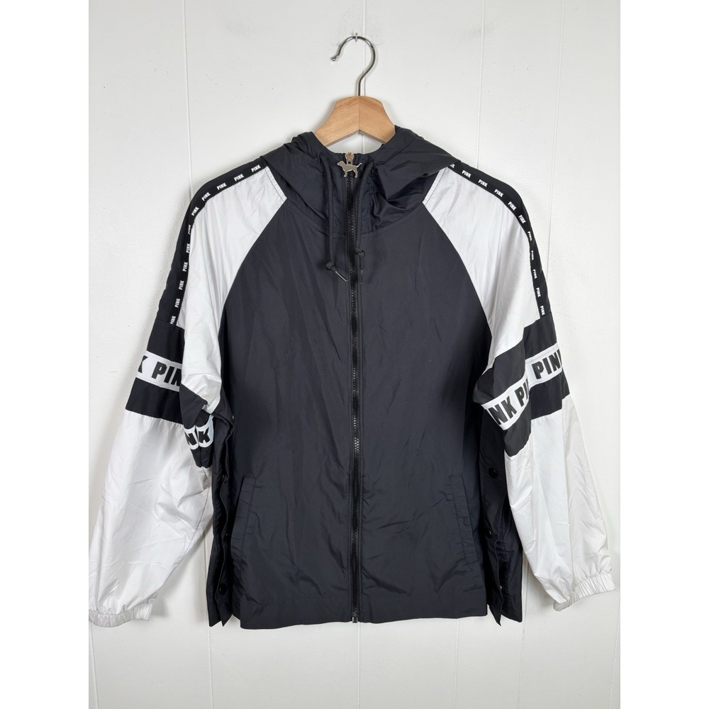 PINK Victoria's Secret XS Black Zip Snap Side Track Hooded Jacket Windbreaker‎